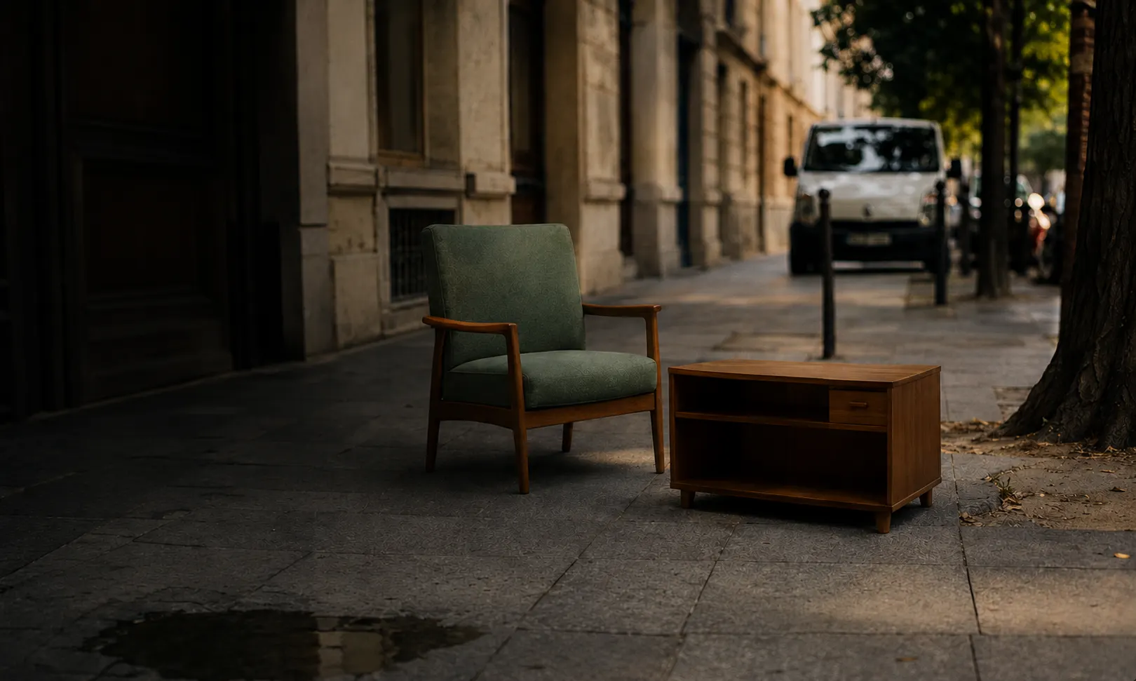 Fauteuil et meuble récupérables sur un trottoir parisien