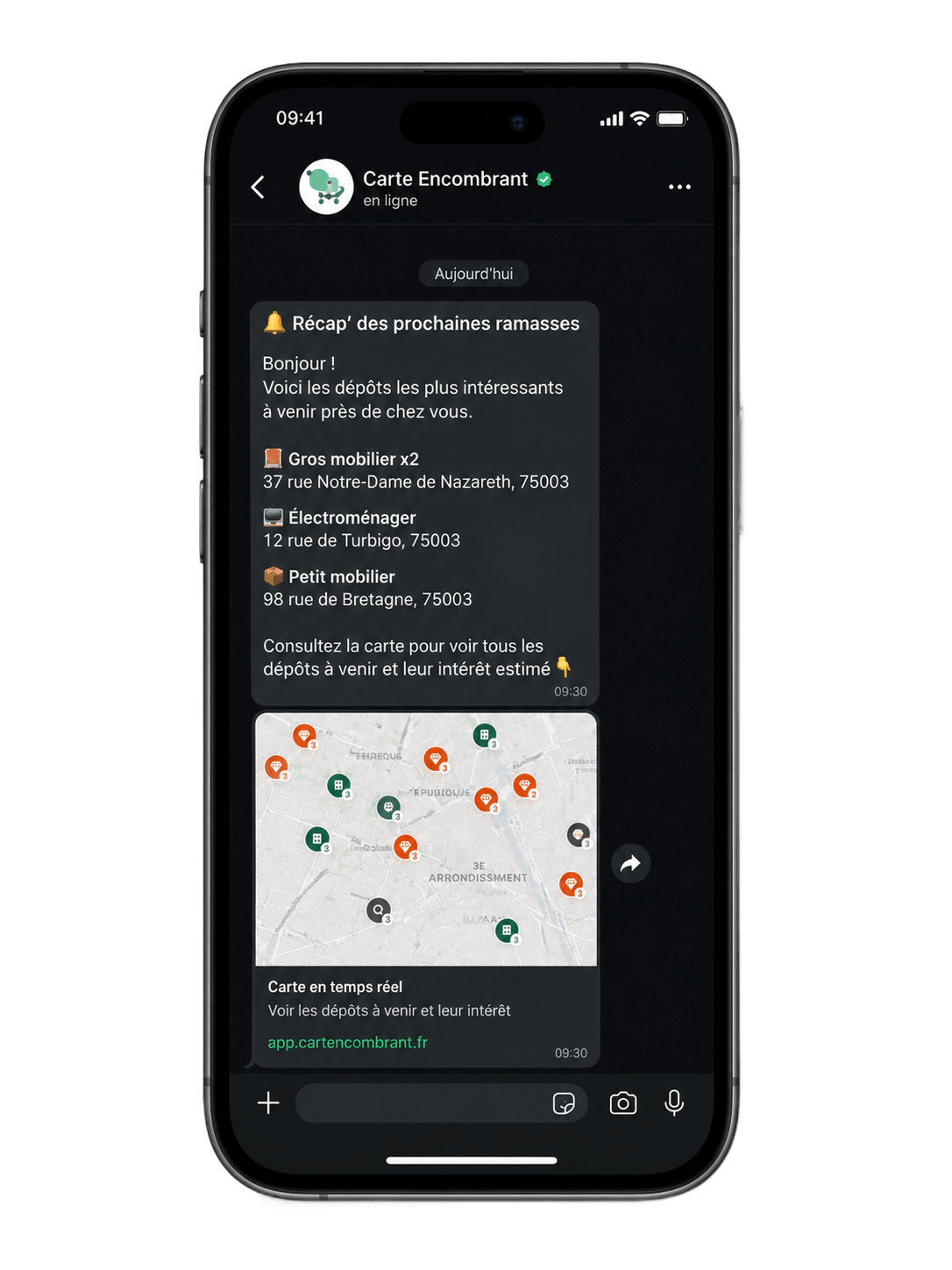 Aperçu d'une alerte WhatsApp Carte Encombrants